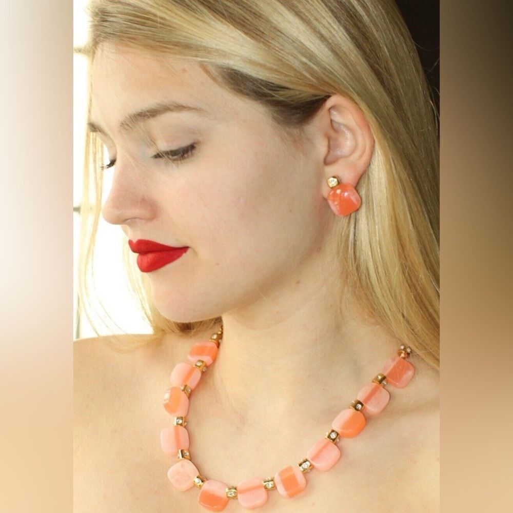 Kate Spade Peach Color Block Earrings Necklace Set -Gold